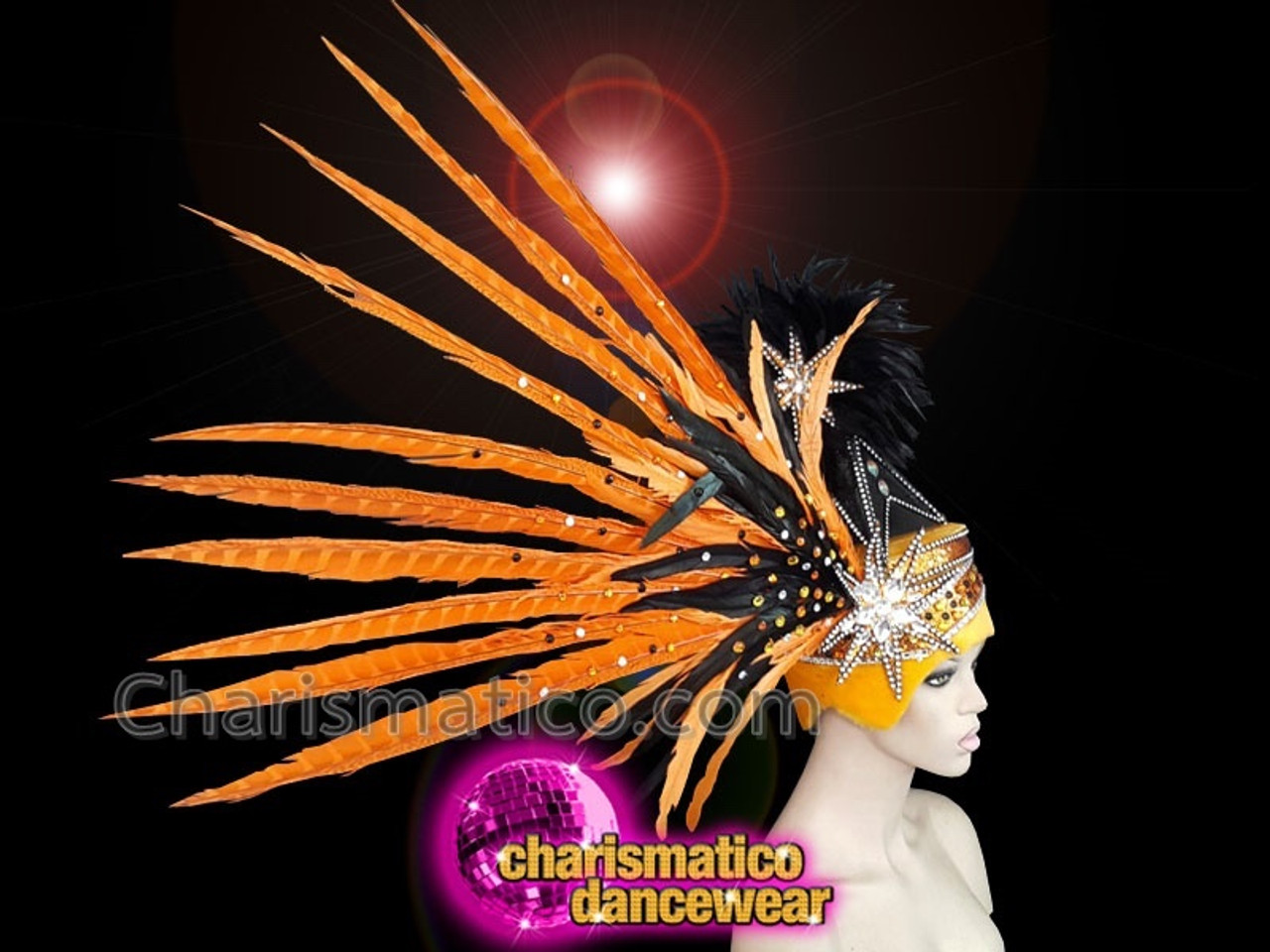 Orange Feathered Gold Sequinned Diva Pheasant Headdress