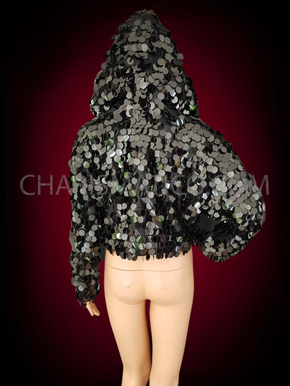 Black Sequin Drag Queen Jacket With Hoodie