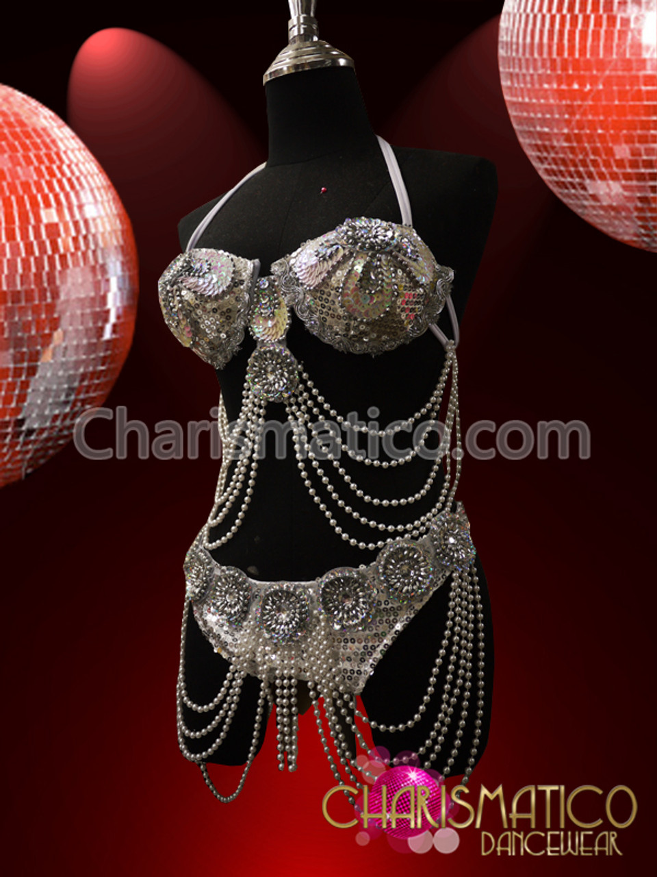 Burlesque Beaded Dress: Shimmering Pearl Beaded Gogo Bra & Thong Costume