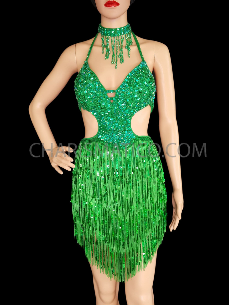 Green Coloured Fringed Halter Neck Diva Dress