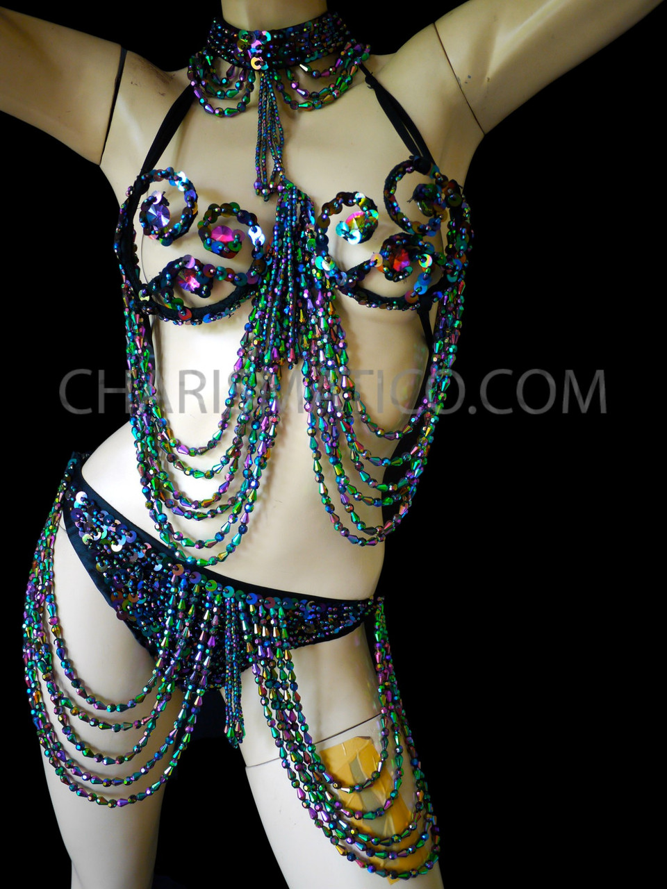 Green Spectacular Beaded Bikini Belly Dance Beaded Arabian Shimmy Bra Thong