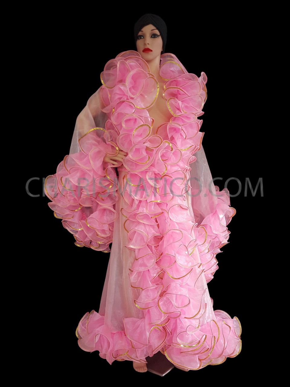 Transparent Pink Boa Full Length Coat With Gold Border