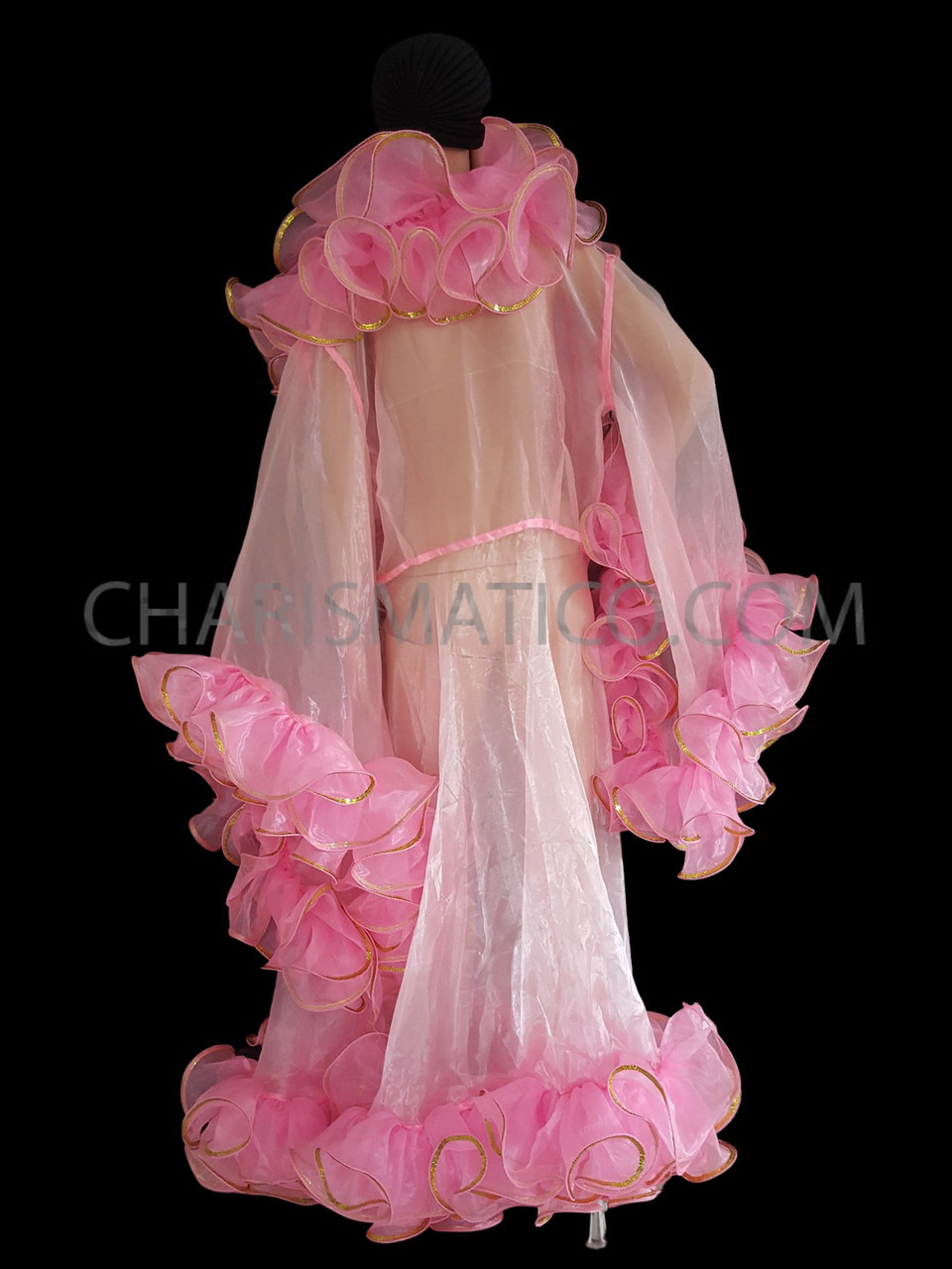 Transparent Pink Boa Full Length Coat With Gold Border