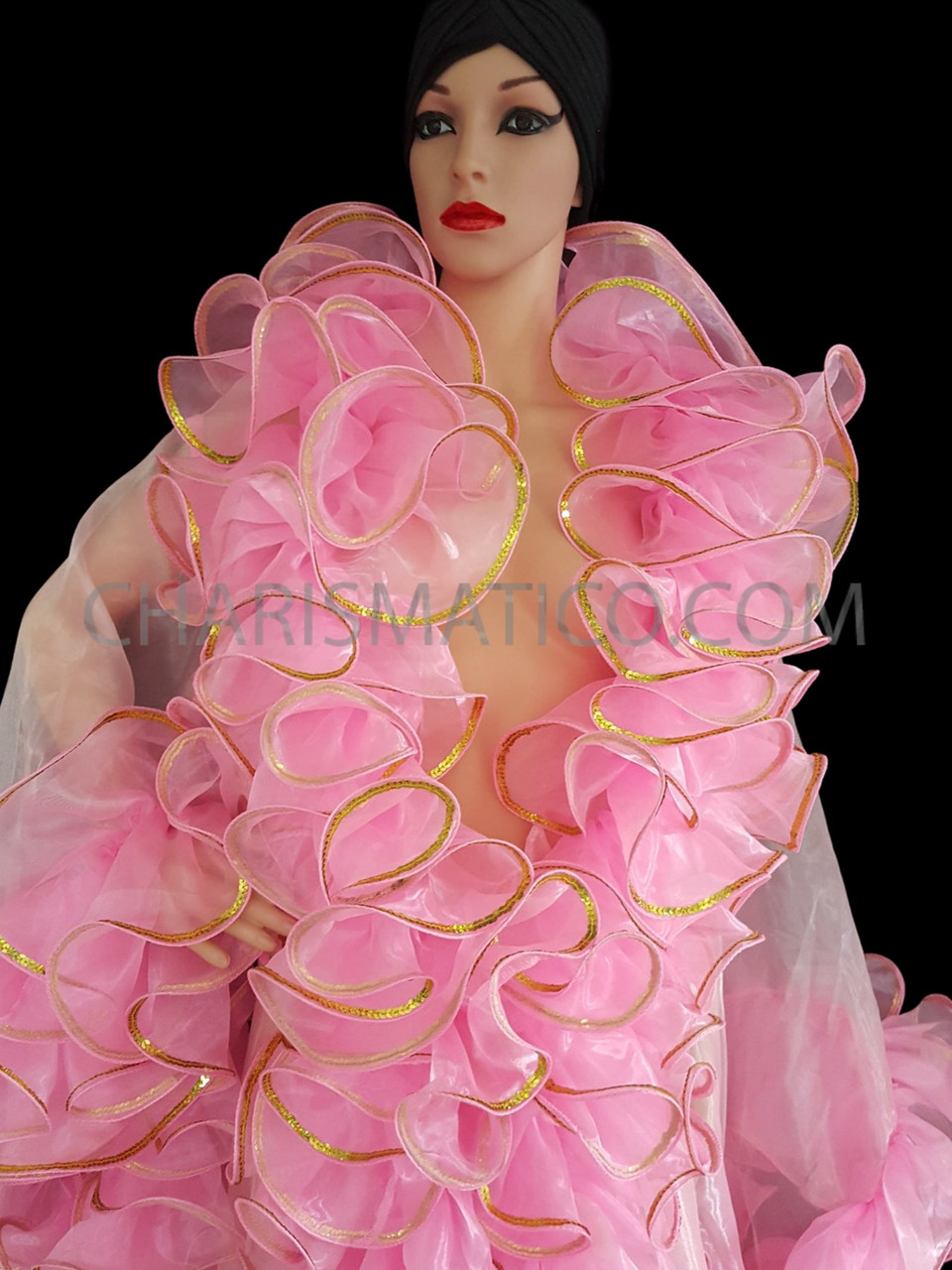 Transparent Pink Boa Full Length Coat With Gold Border