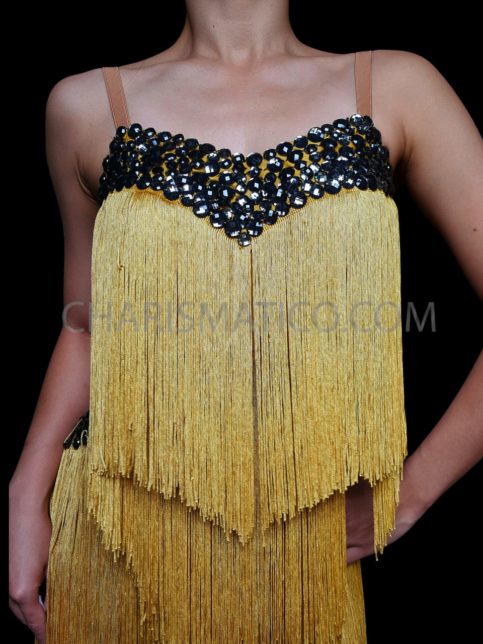 Gold Tassels with Appliques Beads Latin Rhythm Competition Dance Dress