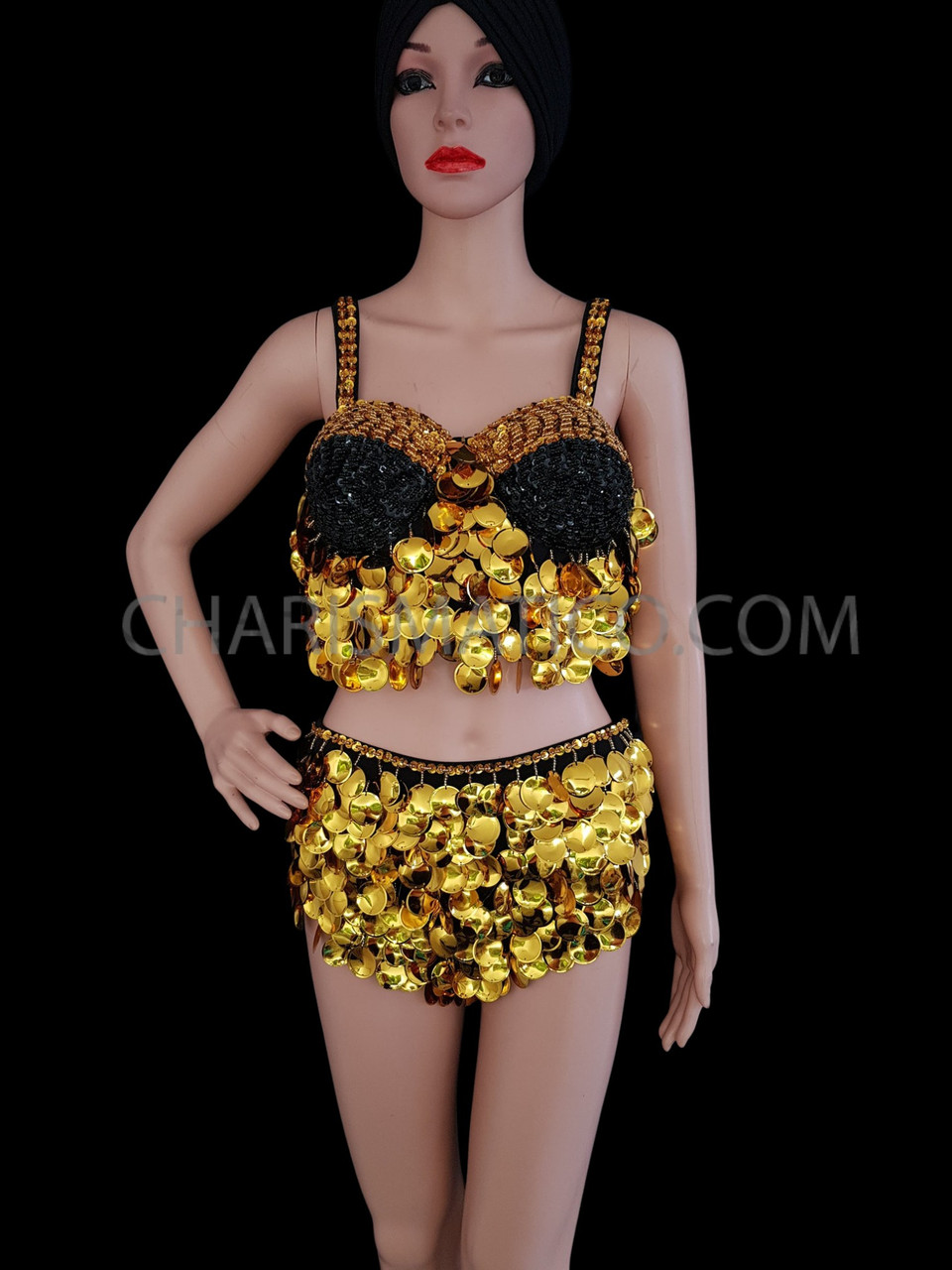 Gold Sequin and Beaded Fringe Bra and Skirt Set with Matching