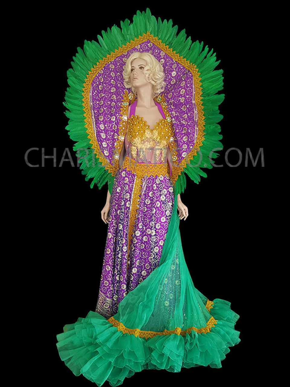 Dazzling Purple and Green Sequin Fringe Mardi Gras Pageant Gown