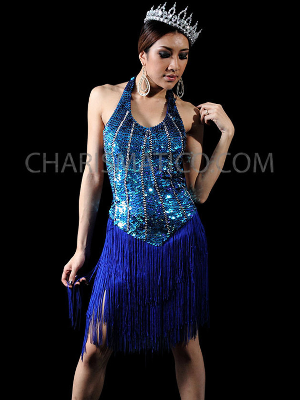 Coco Bango Blue Showgirl Sequin Latin Dance Fringe Dress