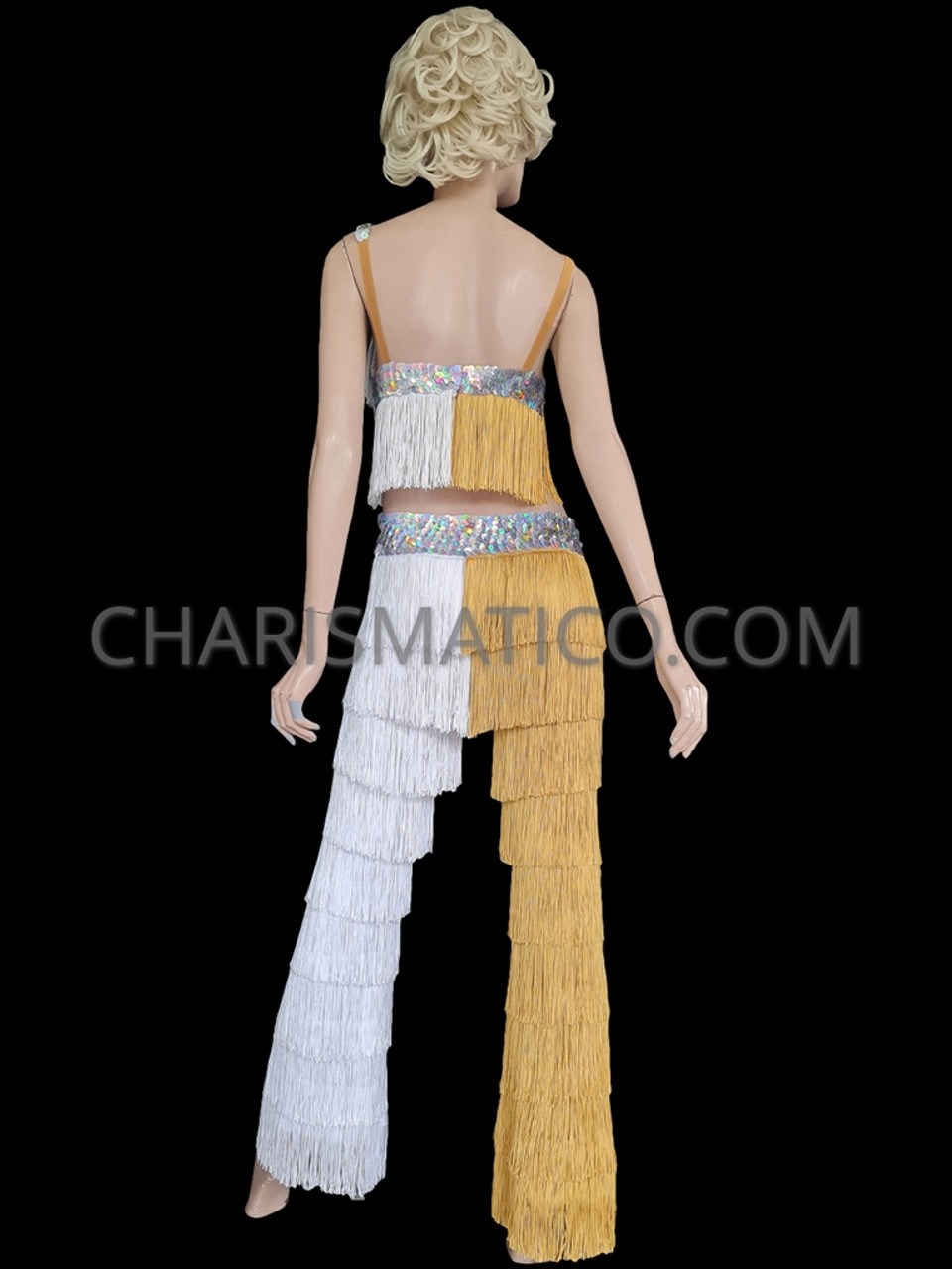 Dancing With The Star Latin Salsa Gold And White Fringe Pants