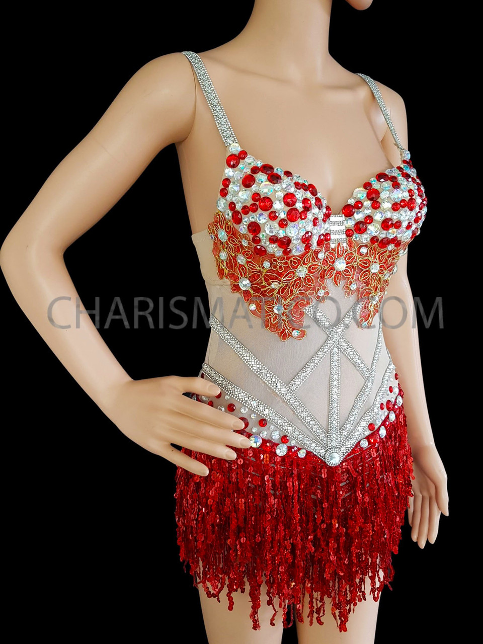 Red And White Crystals On The Diva Show Girl's Leotard