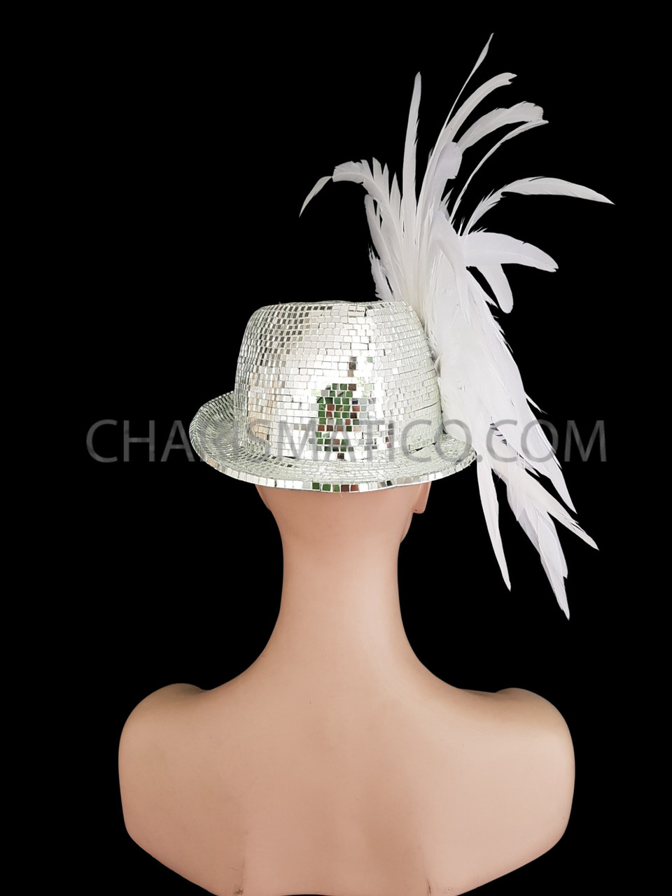 Silver Sequined Party Fedora Hat With Soft Feathers