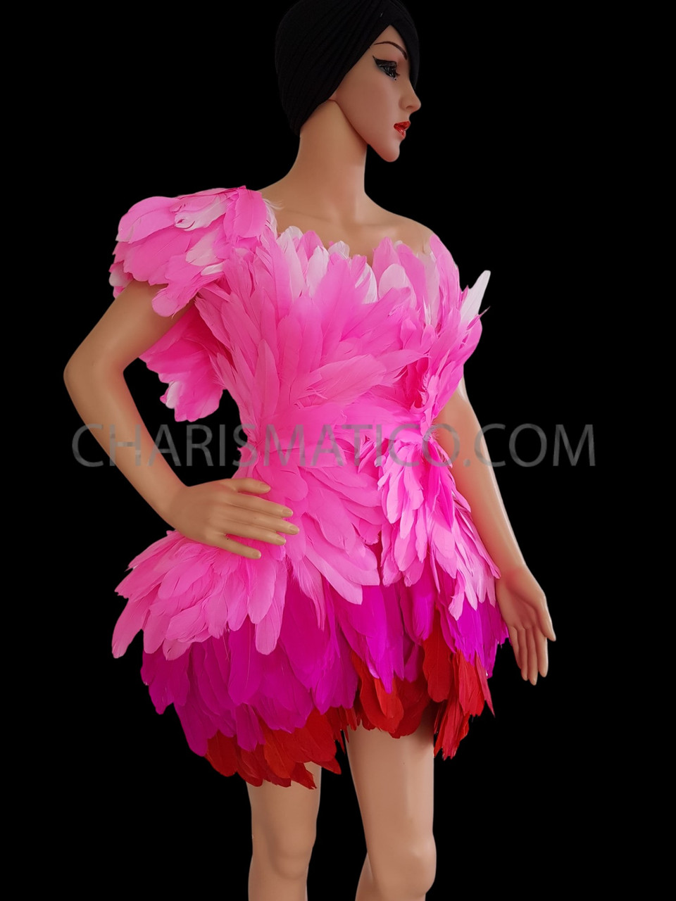 Tri Colored Pink Multi-Layered One Shoulder Feather Flamingo Dress