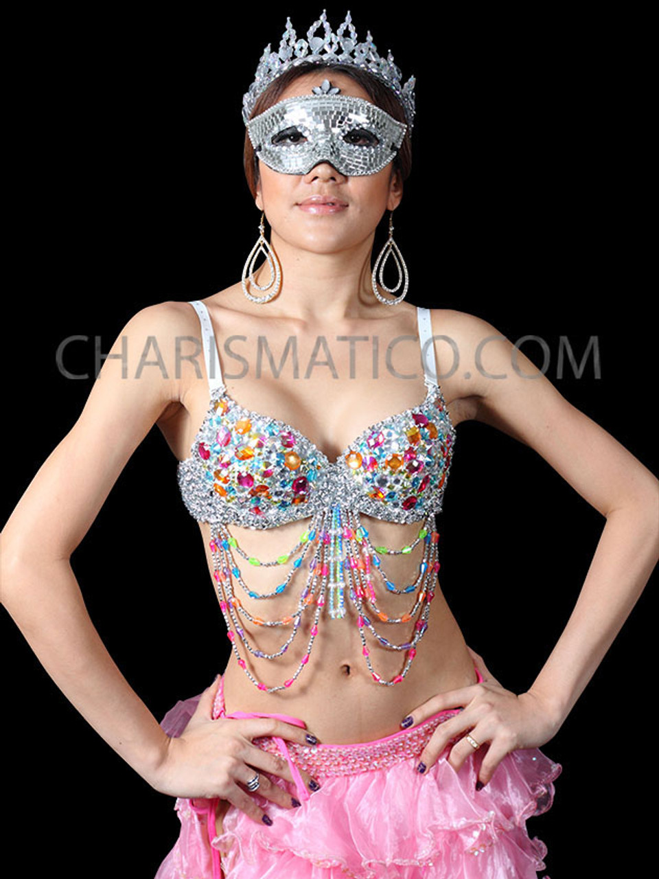 Sequin Cabaret Dance Costume Bra with Beaded Accents - HOT PINK / FUCHSIA
