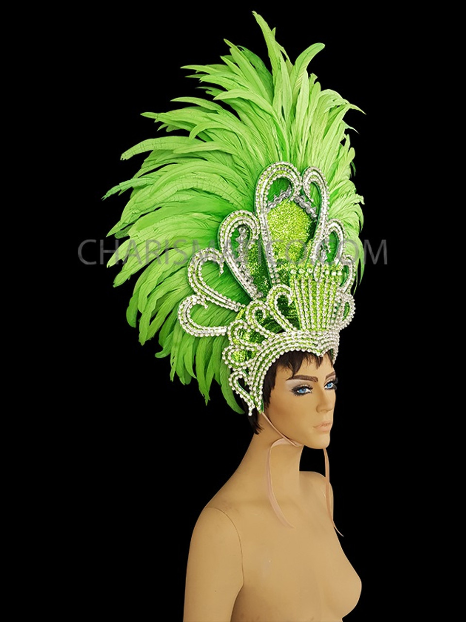 Green Feather Showgirl Headdress With Crystal Accents