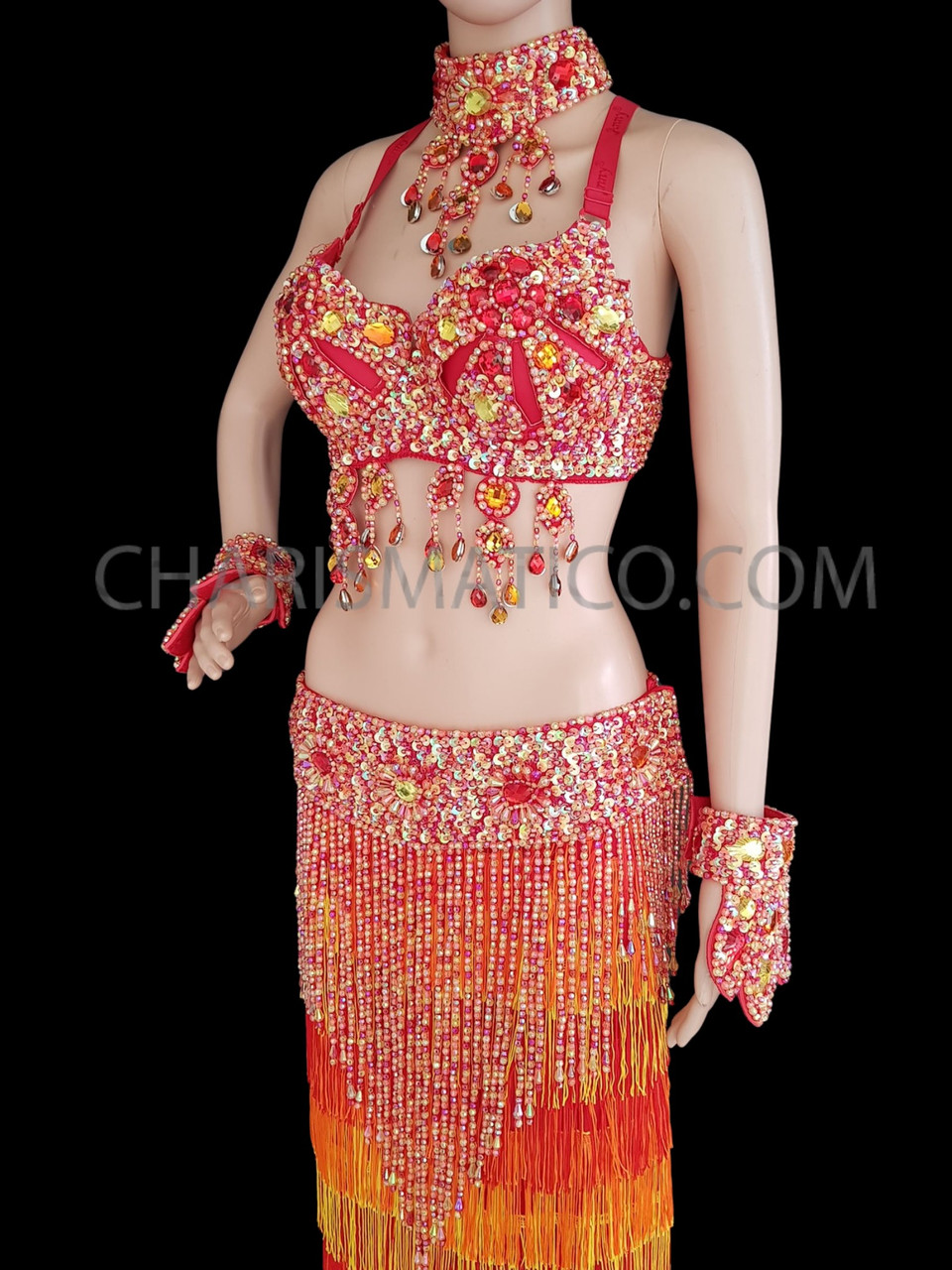 Aesthetically Pleasing Belly Dancing Costume In Orange And Red Sequin Work