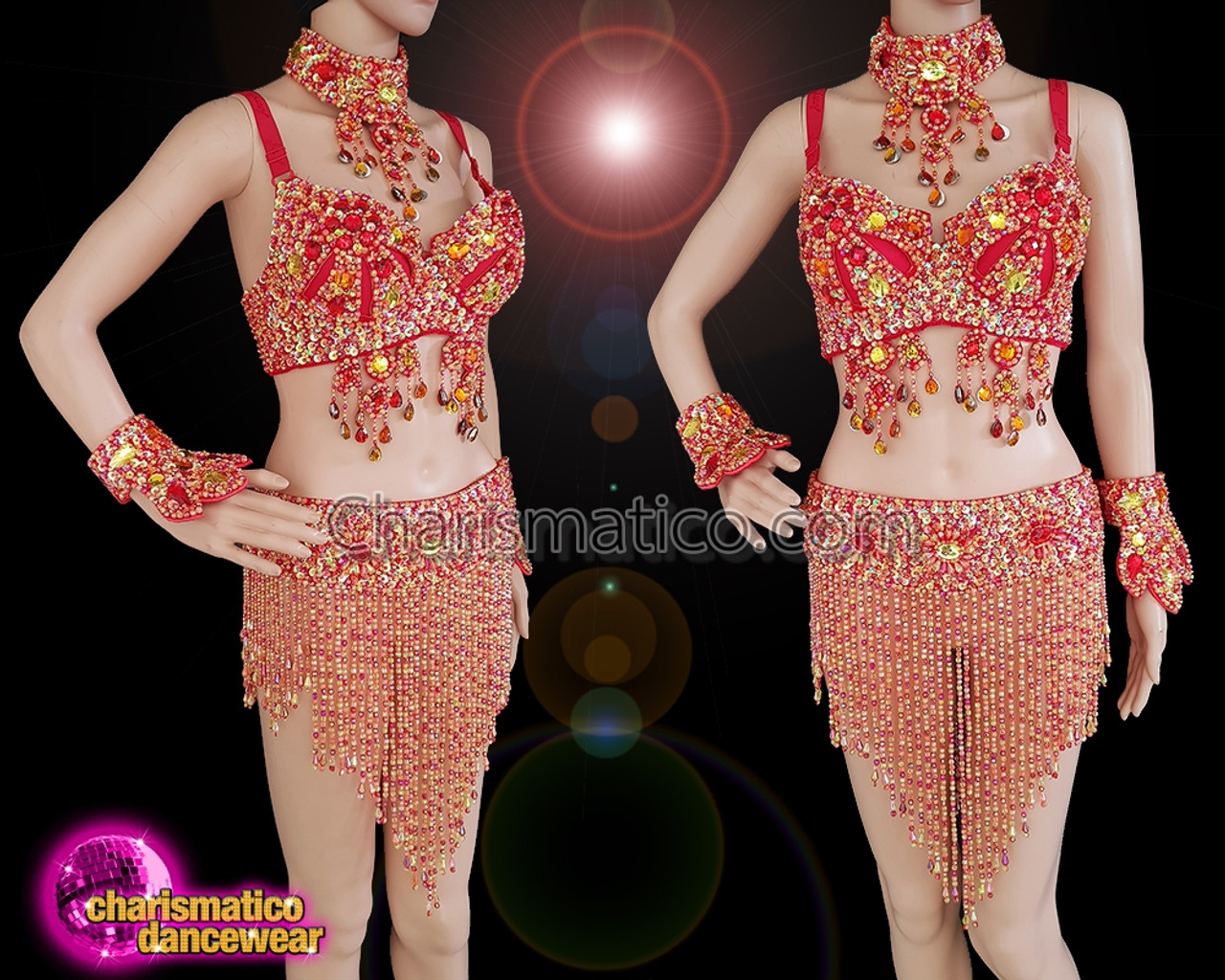 Aesthetically Pleasing Belly Dancing Costume In Orange And Red Sequin Work