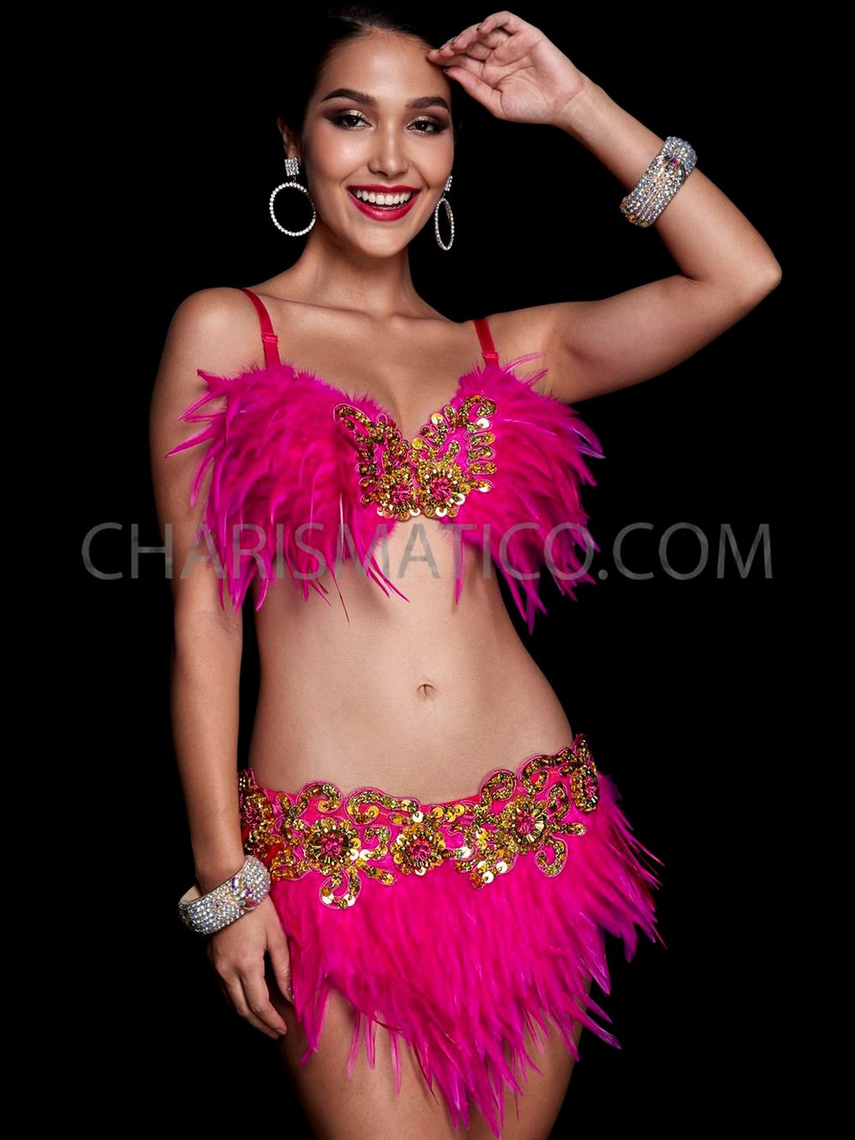 Bellydance bra + belt set fuchsia and gold