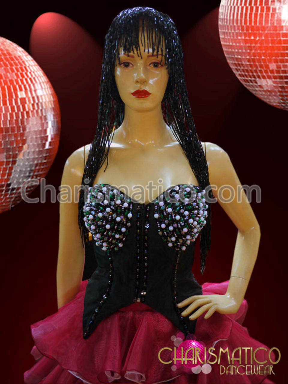 Bustier Style Beaded Black Corset + Double-Layer Pink Ruffled Skirt