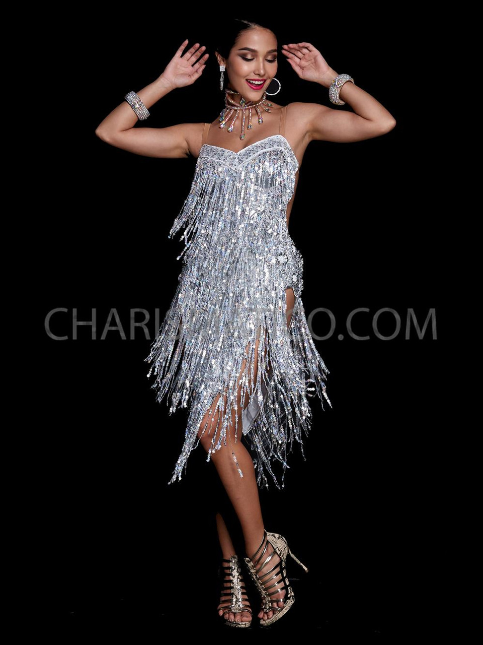 Sexy Silver Backless Latin Dance Dress with Rhinestone and Sequin Tassels