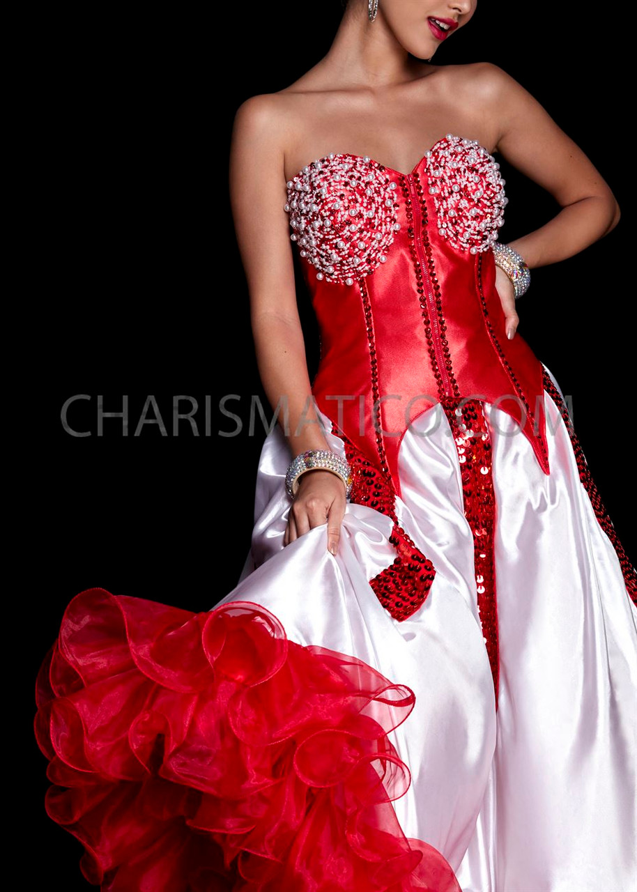 White And Red Prom Dress Satin A Line Wedding Guest Dress