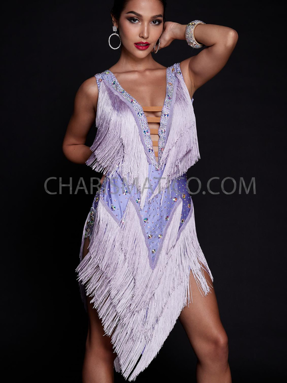 Lavender Latin Dance Dress with Rhinestone Decoration and Fringe