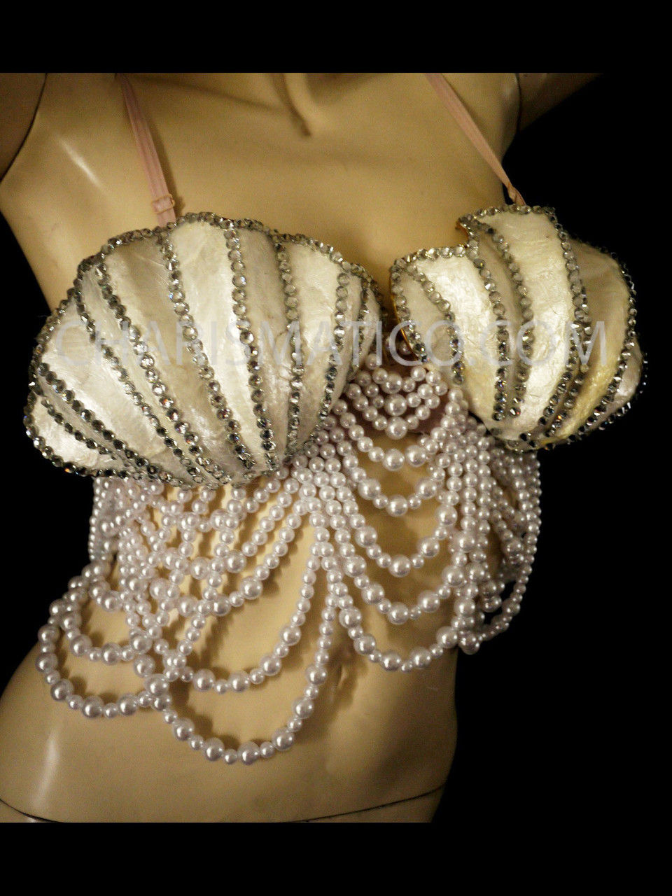 Pearl Embellished White Bra, Beaded Mermaid / Burlesque Costume Bra Top 40c  -  Canada