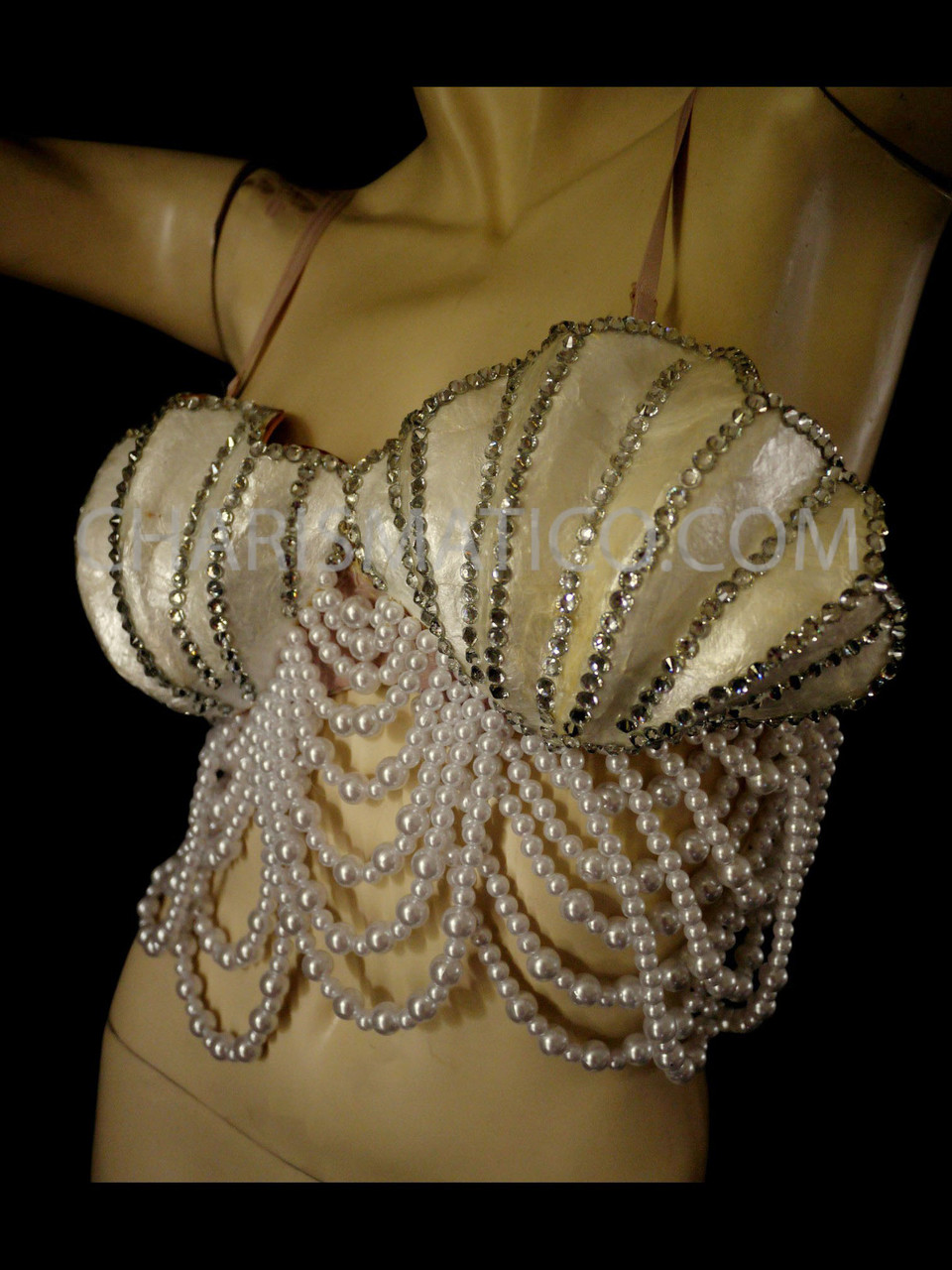 Pale Gold Pearl Plush Mermaid Showgirl Shell Bra With Sequin Trim