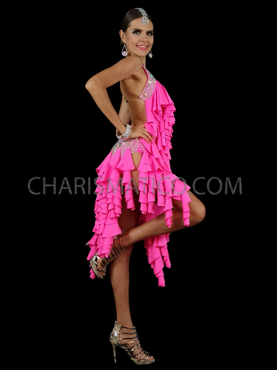pink Crystallized Diva Latin Ruffled Dance Dress