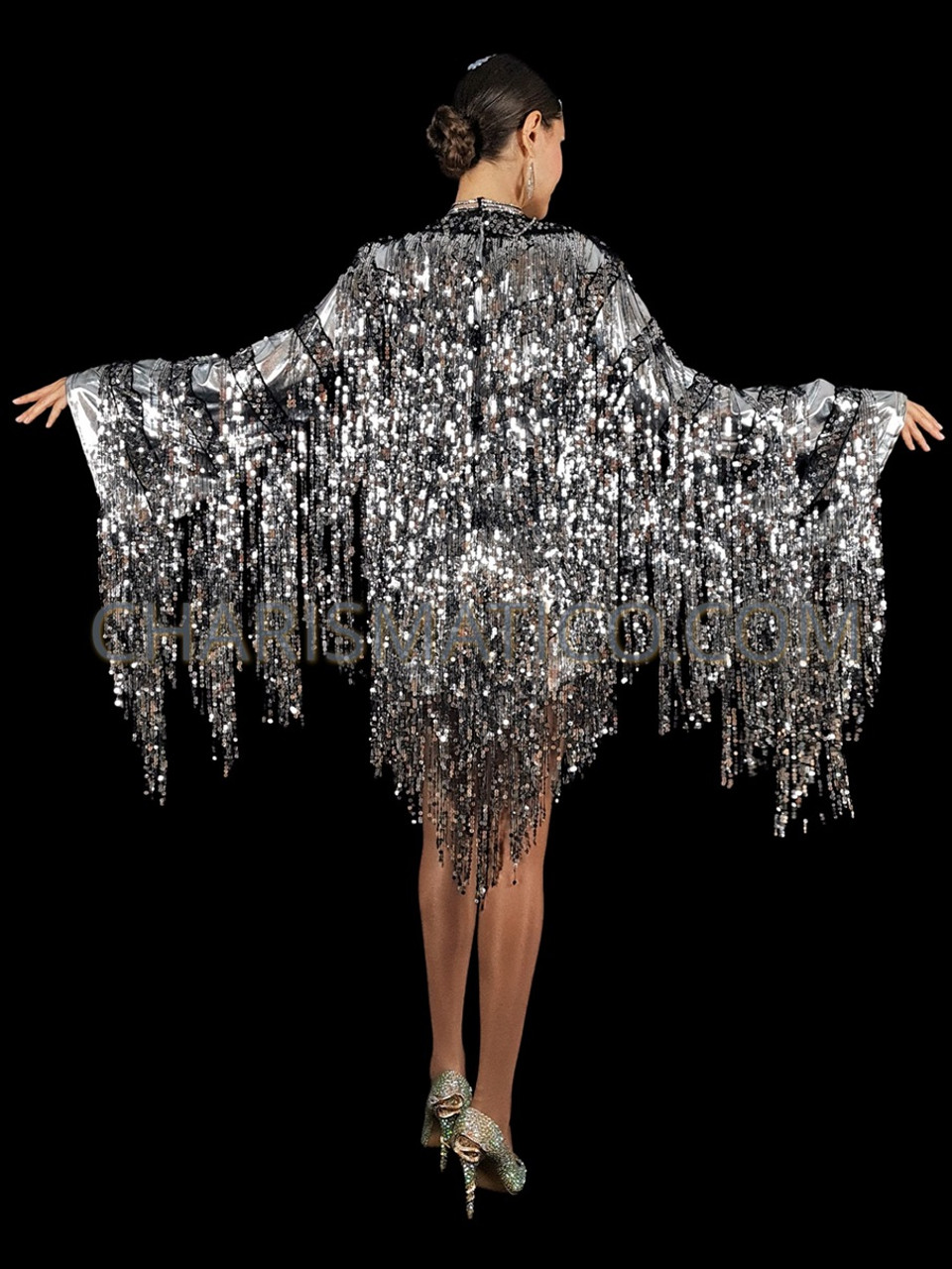 Shiny Silver and Black Sequin Fringe Long Sleeve Dress