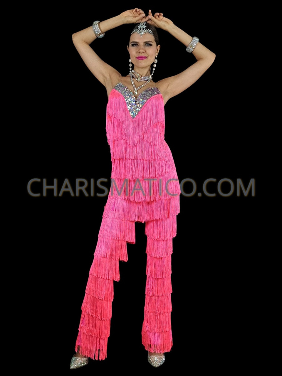 Latin Dance Inspired Pink Fabulous Fringe Pants With Rainbow Sequin Trim
