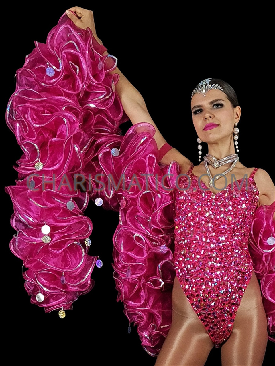 Fancy Fuchsia Silver Trimmed Silver Jumbo Sequin Ruffle Organza Boa