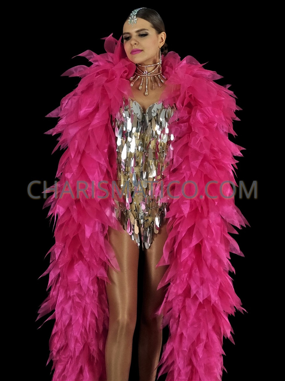 Radiant Fuchsia Leaf Inspired Ruffled Organza Burlesque Boa