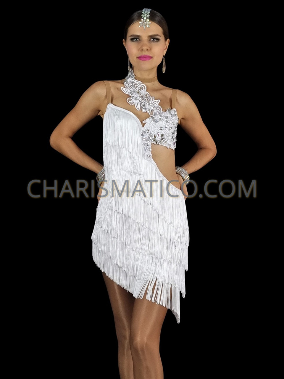 Diva's Asymmetrical White Fringe Latin Dance Dress With Floral Beaded ...
