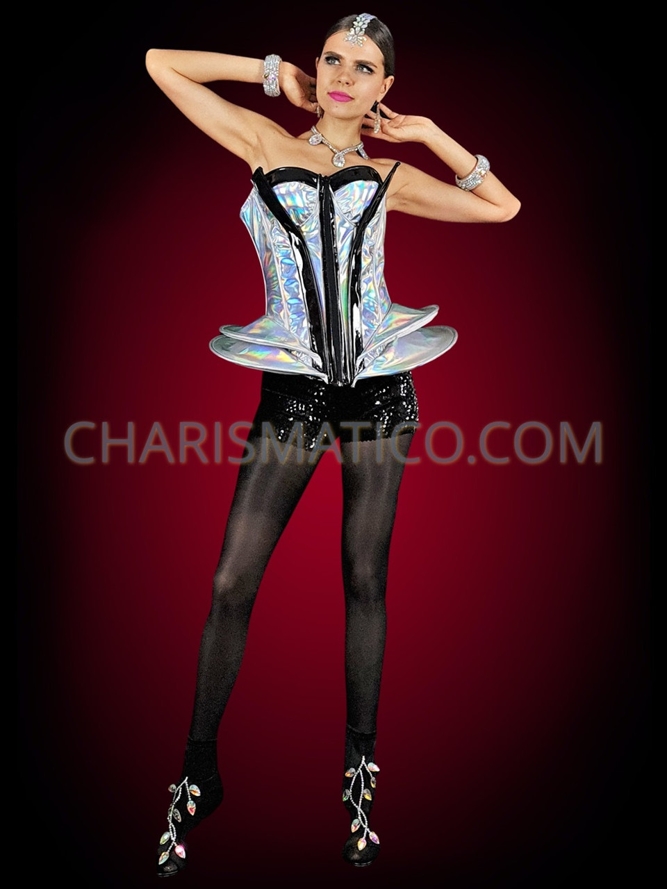 Dramatic Futuristic Cyberpunk Showgirl Metallic Vinyl Corset