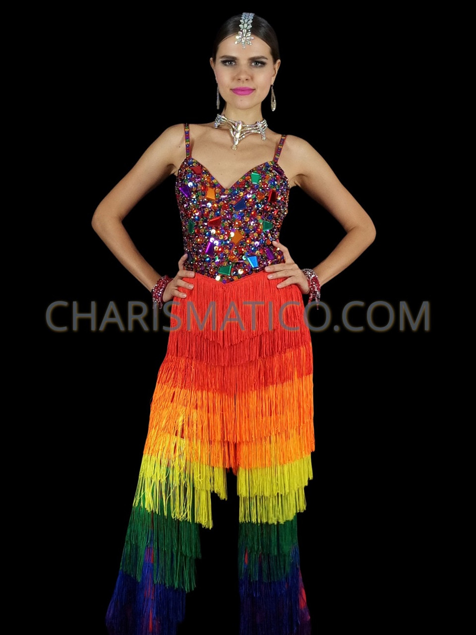 PRIDE! Multicolor Jewel Bedazzled Bra With Feather Fringe Trim and