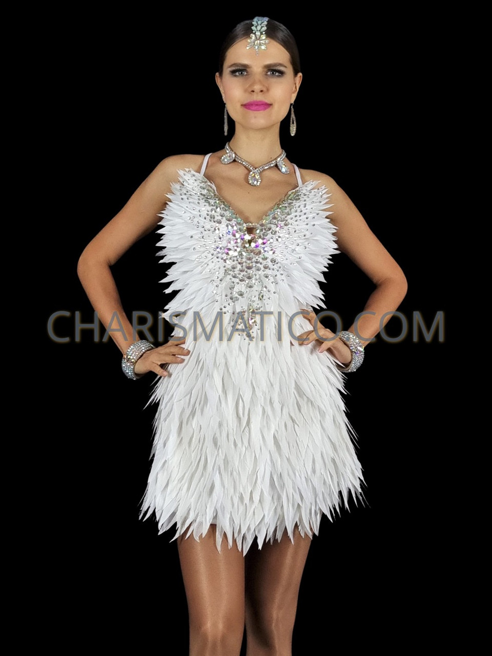 Angelic White Feather Dress with Crystal Embellishments