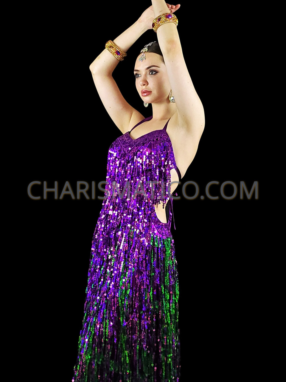 Dazzling Purple and Green Sequin Fringe Mardi Gras Pageant Gown