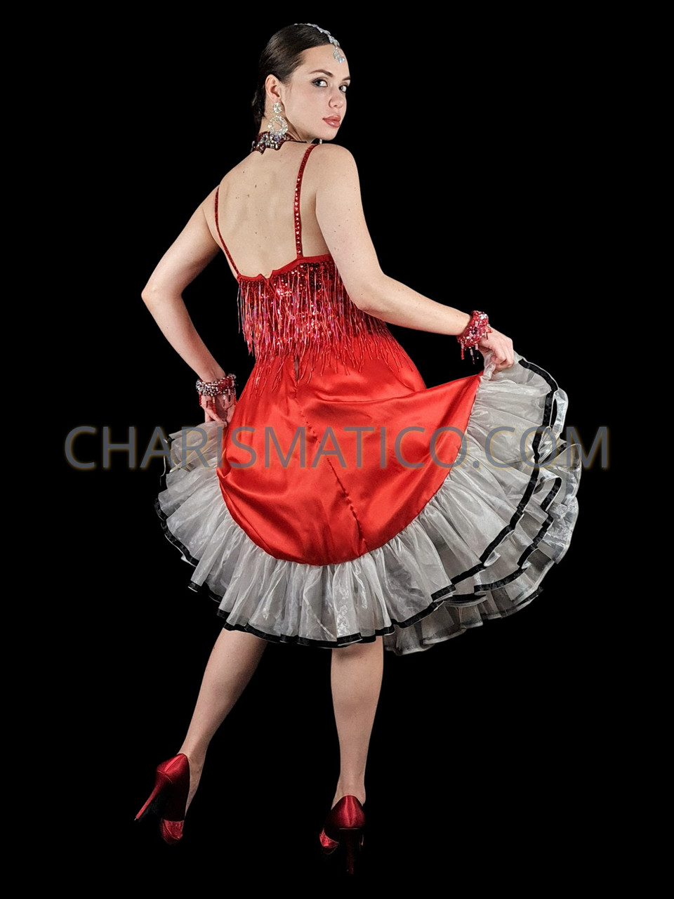 Fancy Sequin and Beaded Fringe Cancan Dress with Ruffled Under Skirt