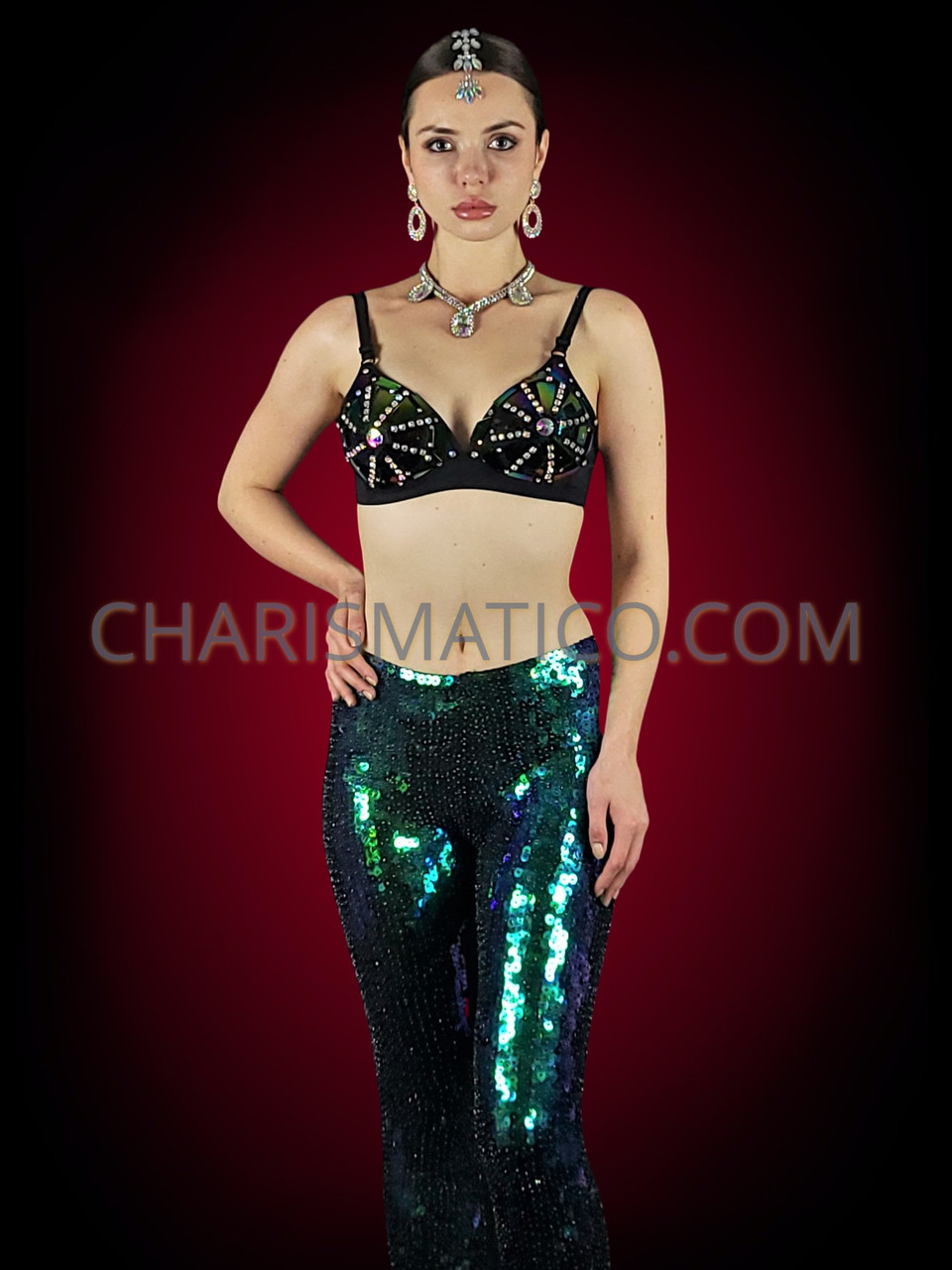 Sexy Mirrored Bra and Stunning Sequin Pants Set