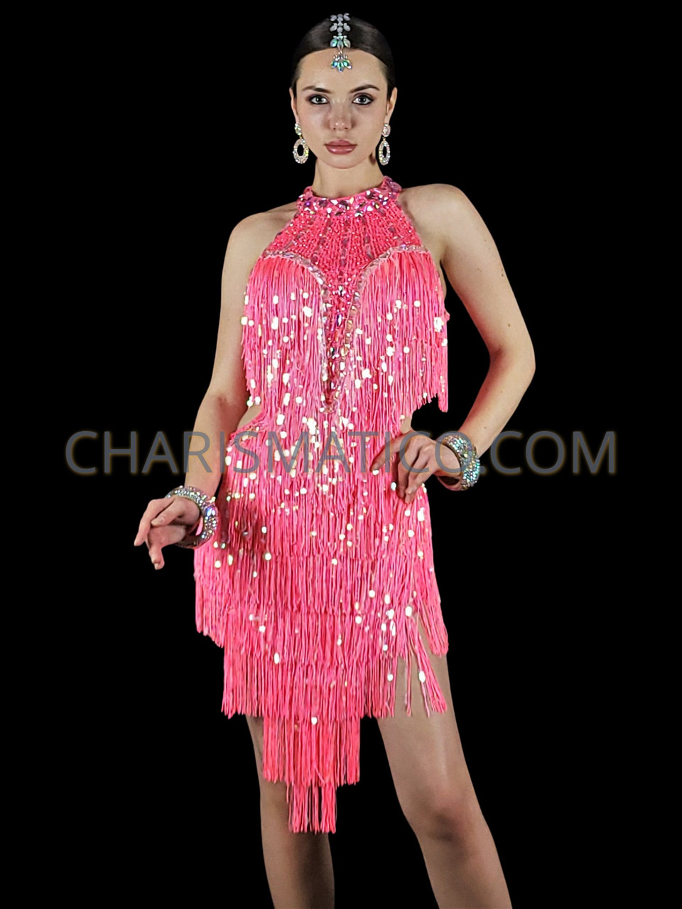 Dazzling Pink Fringe Halter Style Latin Dance Dress