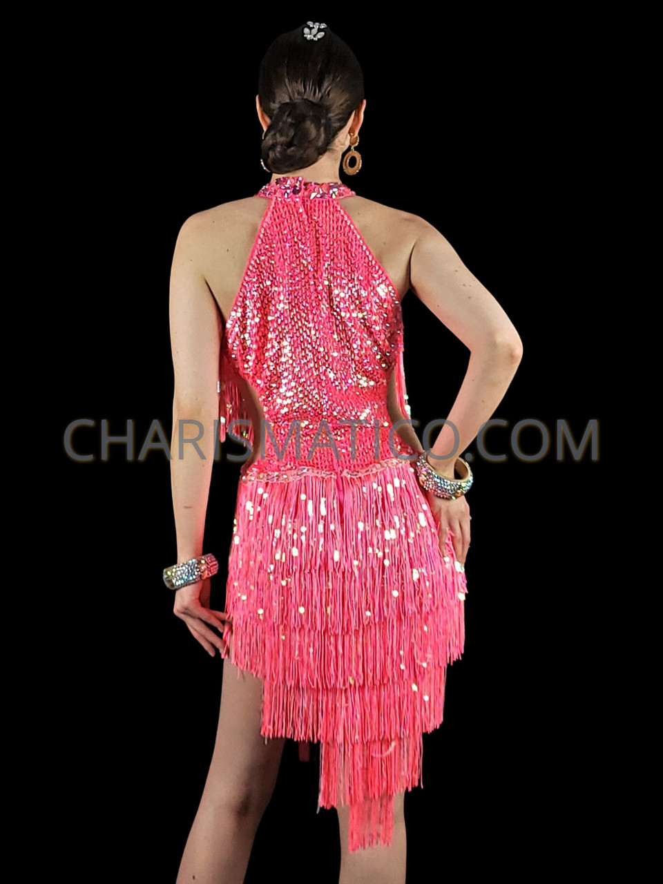 Dazzling Pink Fringe Halter Style Latin Dance Dress