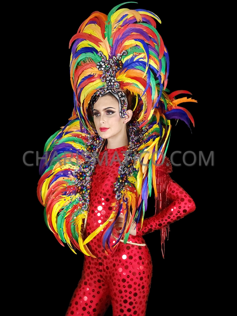Rainbow Crystallized Feather Carnival Headdress and Backpack Set