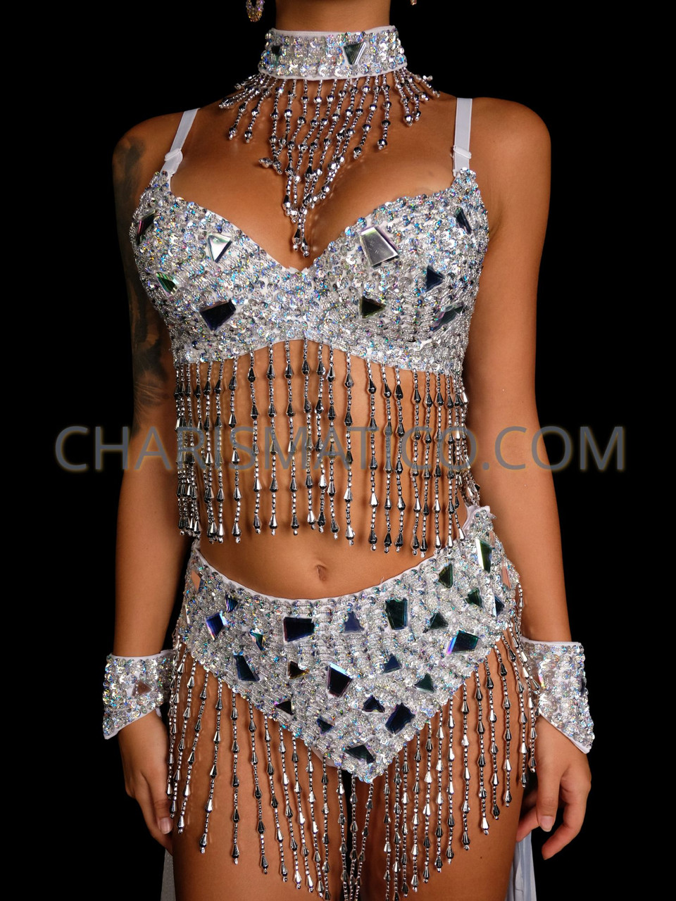 Silver Bliss Showgirl Sequin Bra and Iris Wing Skirt