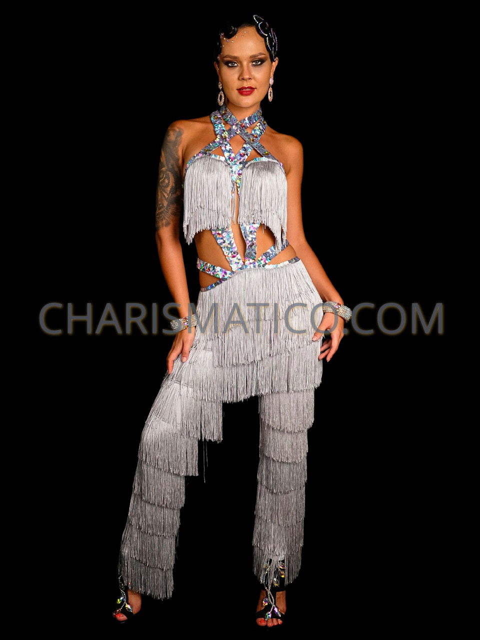 Silver Jennifer Lopez-inspired Fringe Cutout Salsa Dance Pants