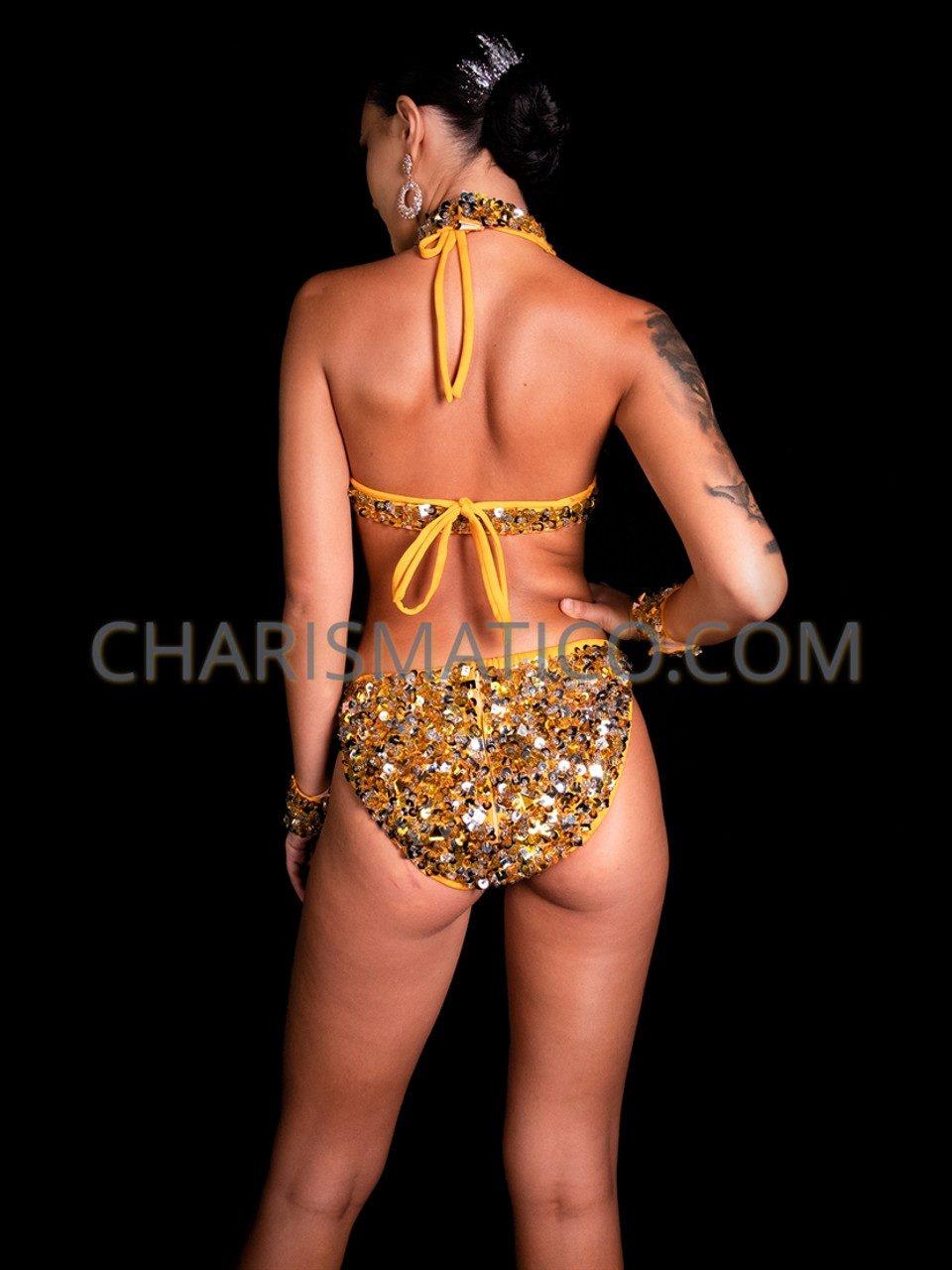 Gold And Black Showgirl Gogo Sequin Bra And Shorts Set