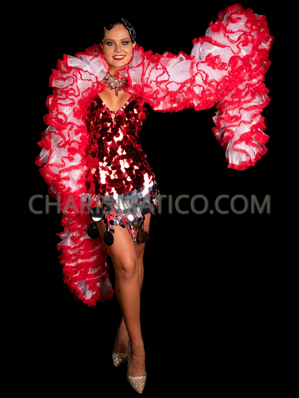 White Christmas Organza Boa with Red Lace Trim