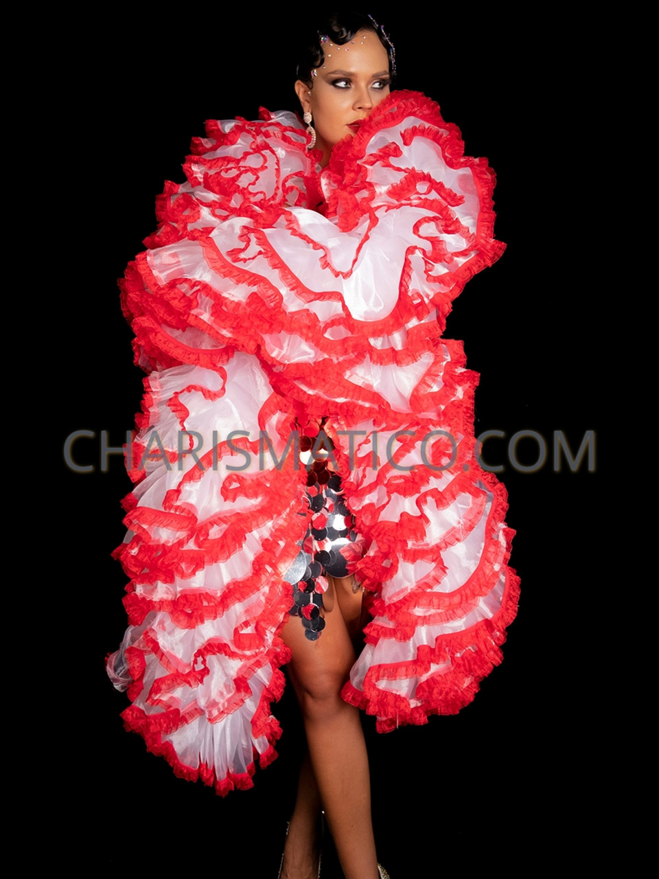 White Christmas Organza Boa with Red Lace Trim