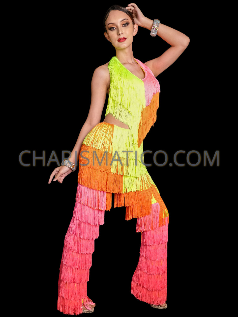 Funky Neon Vibrant Samba Fringe Pants Jumpsuit
