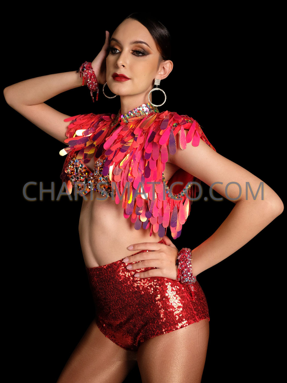 Red Sequin Flower Rave Bra, Rave Outfits for Women