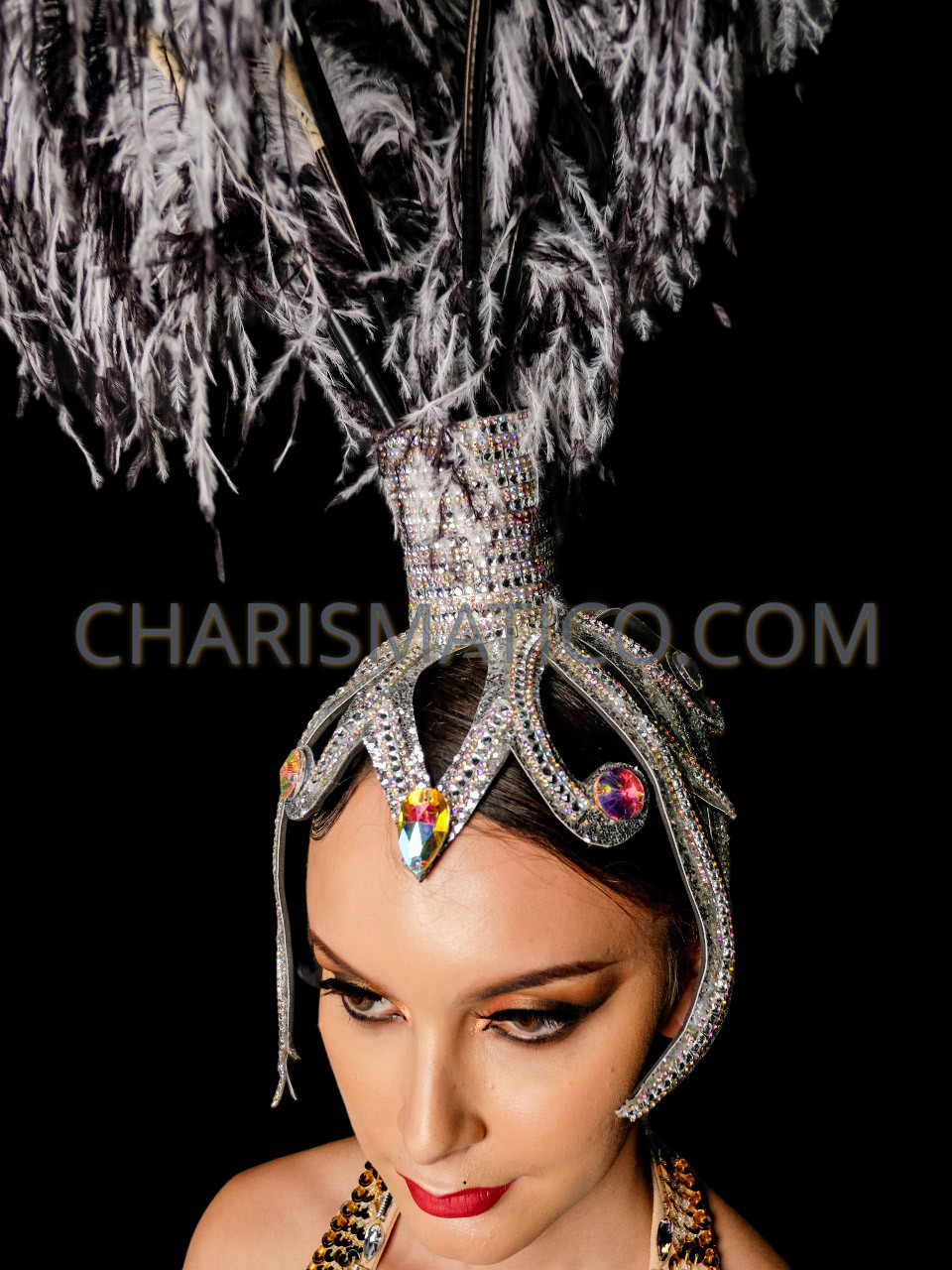 Asymmetrical Gold Sequined Black And White Ostrich Feather Headdress